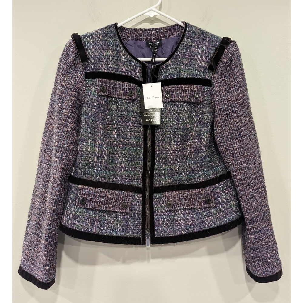 🆕 Worth Amethyst Tweed Velvet Ribbon Trim Pocket Jacket Size 12
